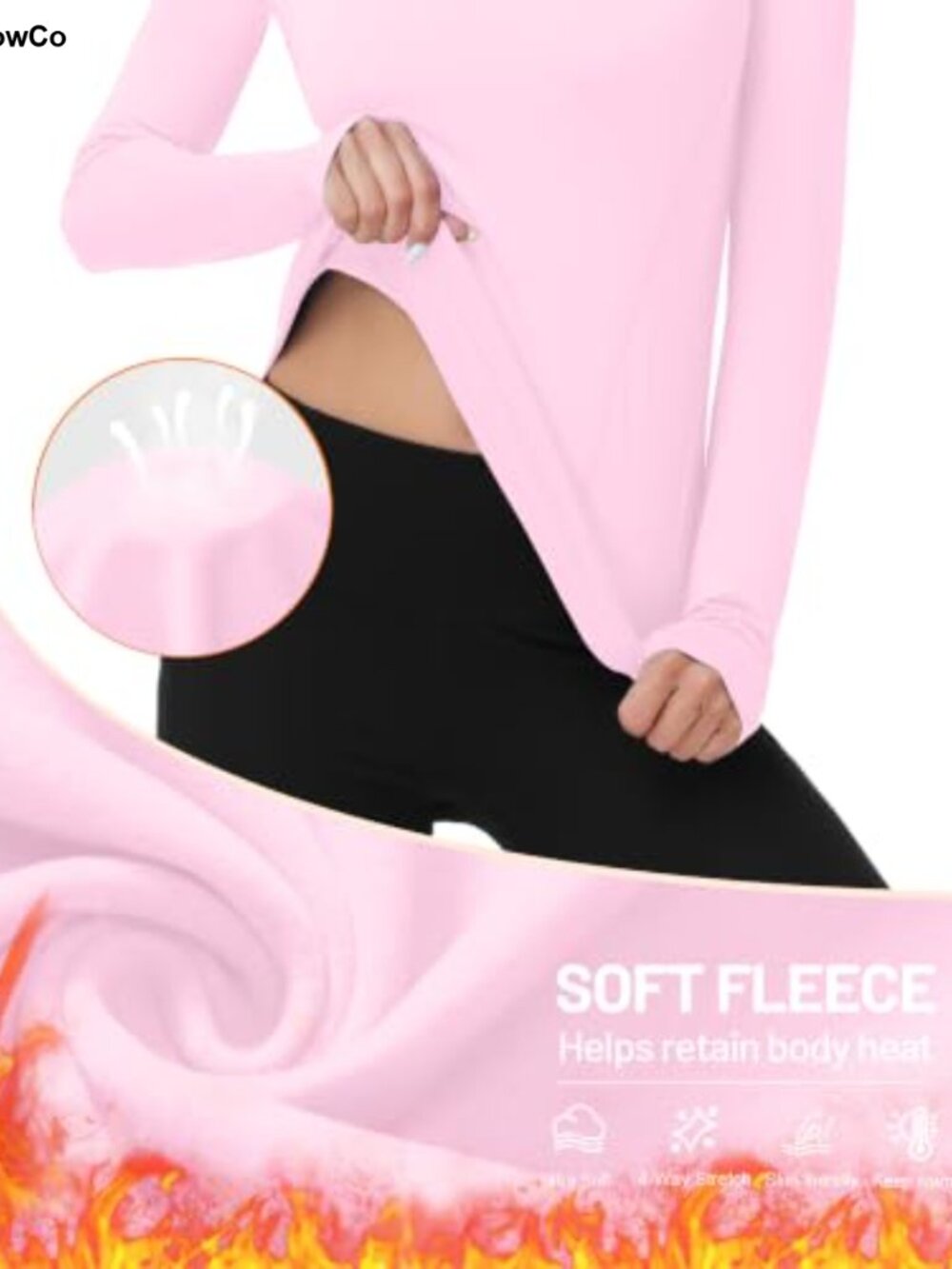 Women's Thermal Long Sleeve Shirt Fleece Mock Neck 4-Way Stretch Thumbholes - Picture 3 of 6